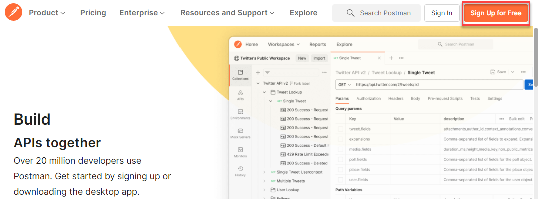 Postman sign up page