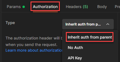 Authorization tab in Postman set to Inherit auth from parent