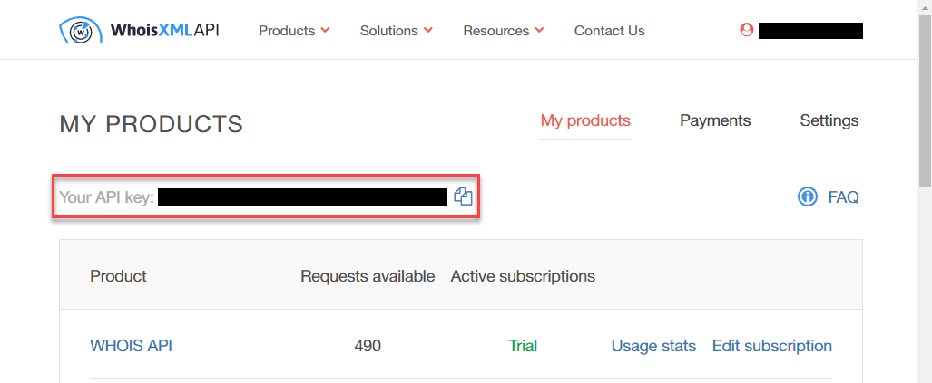 WhoisXMLAPI My Products page with API key
