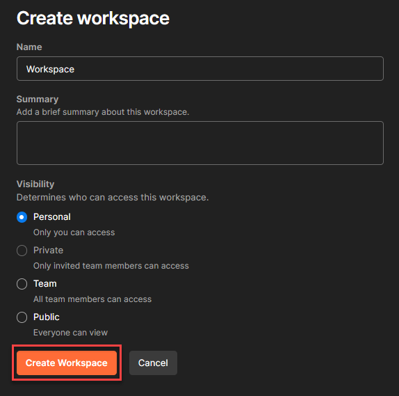 Postman workspace view