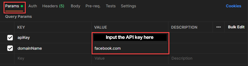 Setting Query Params for apiKey and domainName in Postman